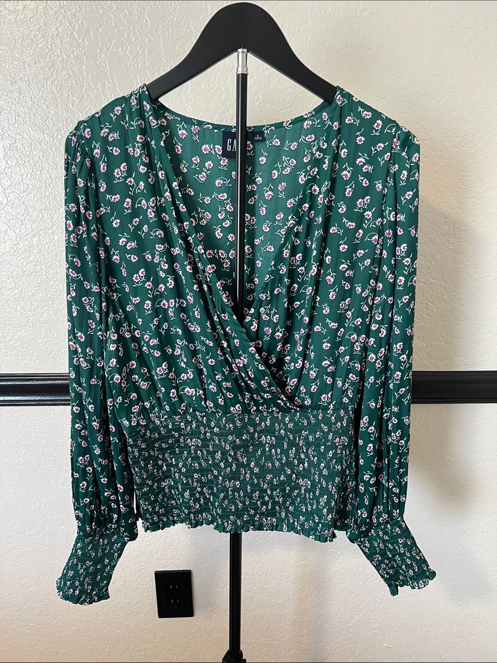 GAP Dark Green Floral Wrap-Front Smocked Waist Long Sleeve Top - Size L